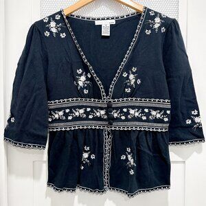 Essentials Embroidered Top BabyDoll Floral Flowers Boho Whimsigoth 100% Cotton